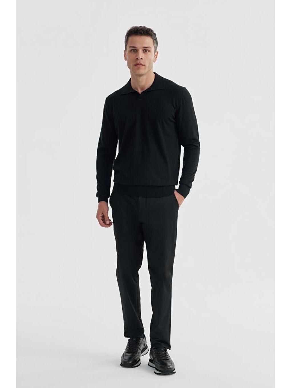 Siyah Slim Fit Polo Yaka Triko Kazak-1