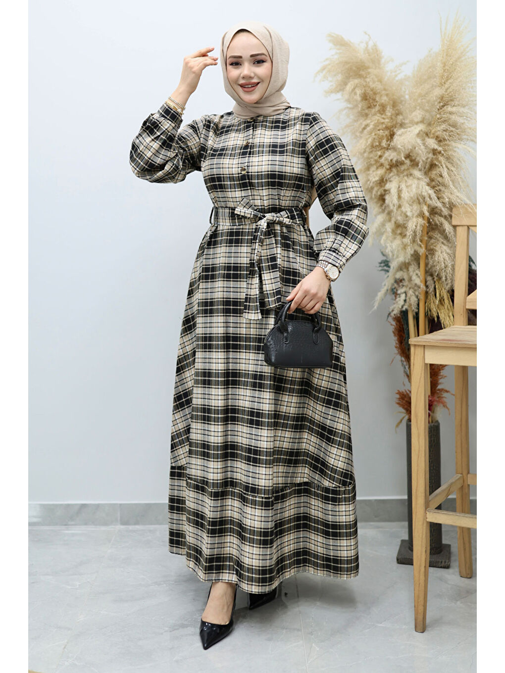 Kahverengi Önden Düğmeli Ekose Elbise TSD260131 Camel-4