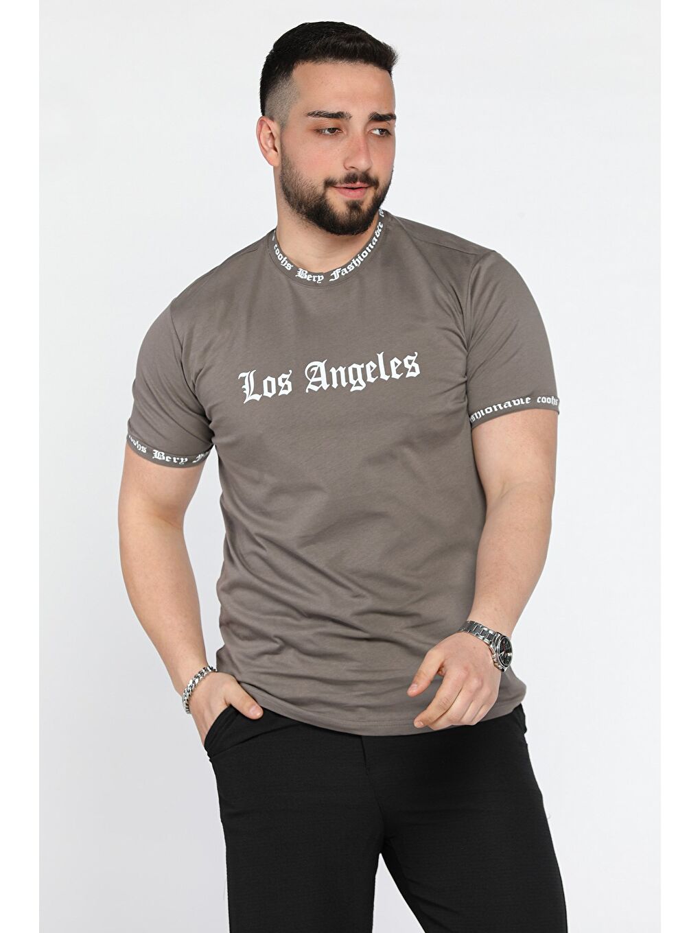 Bej Erkek Bisiklet Yaka Yazı Baskılı Tişört