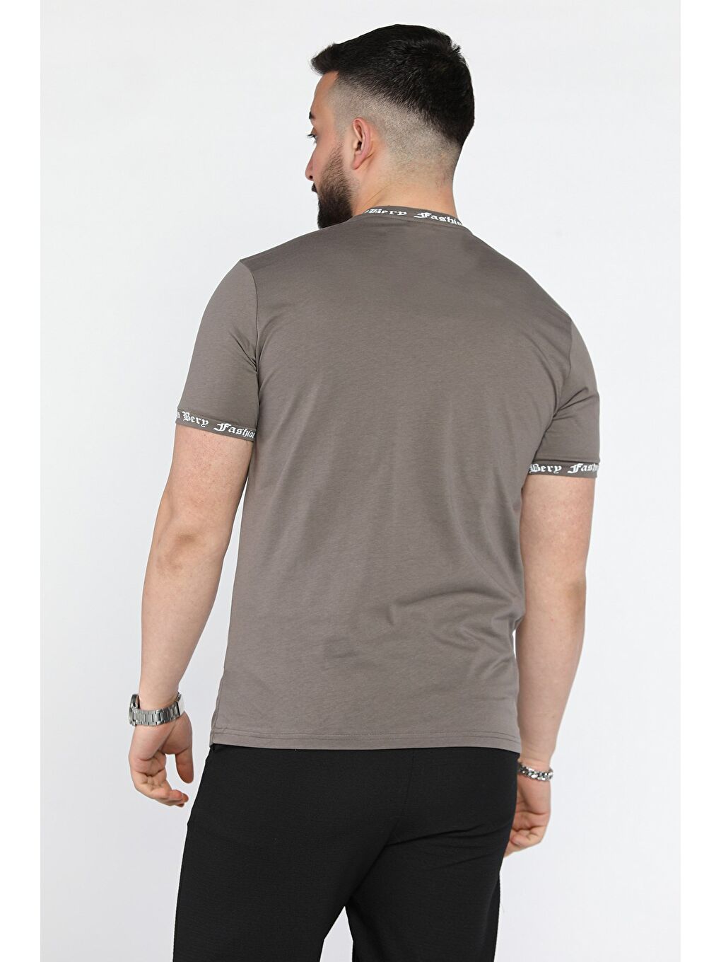 Bej Erkek Bisiklet Yaka Yazı Baskılı Tişört-2