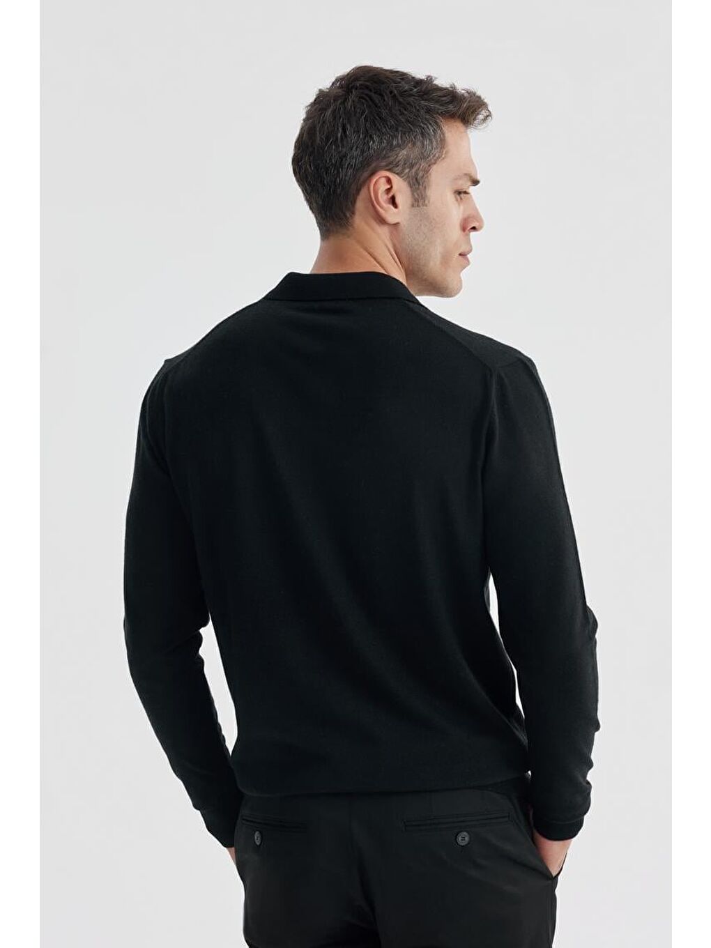 Siyah Slim Fit Polo Yaka Triko Kazak-3