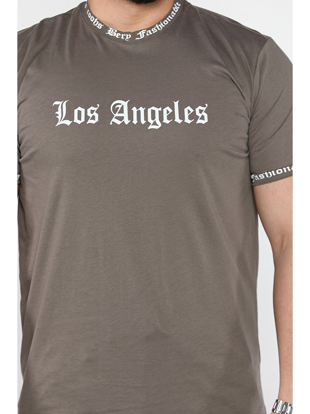 Bej Erkek Bisiklet Yaka Yazı Baskılı Tişört-3