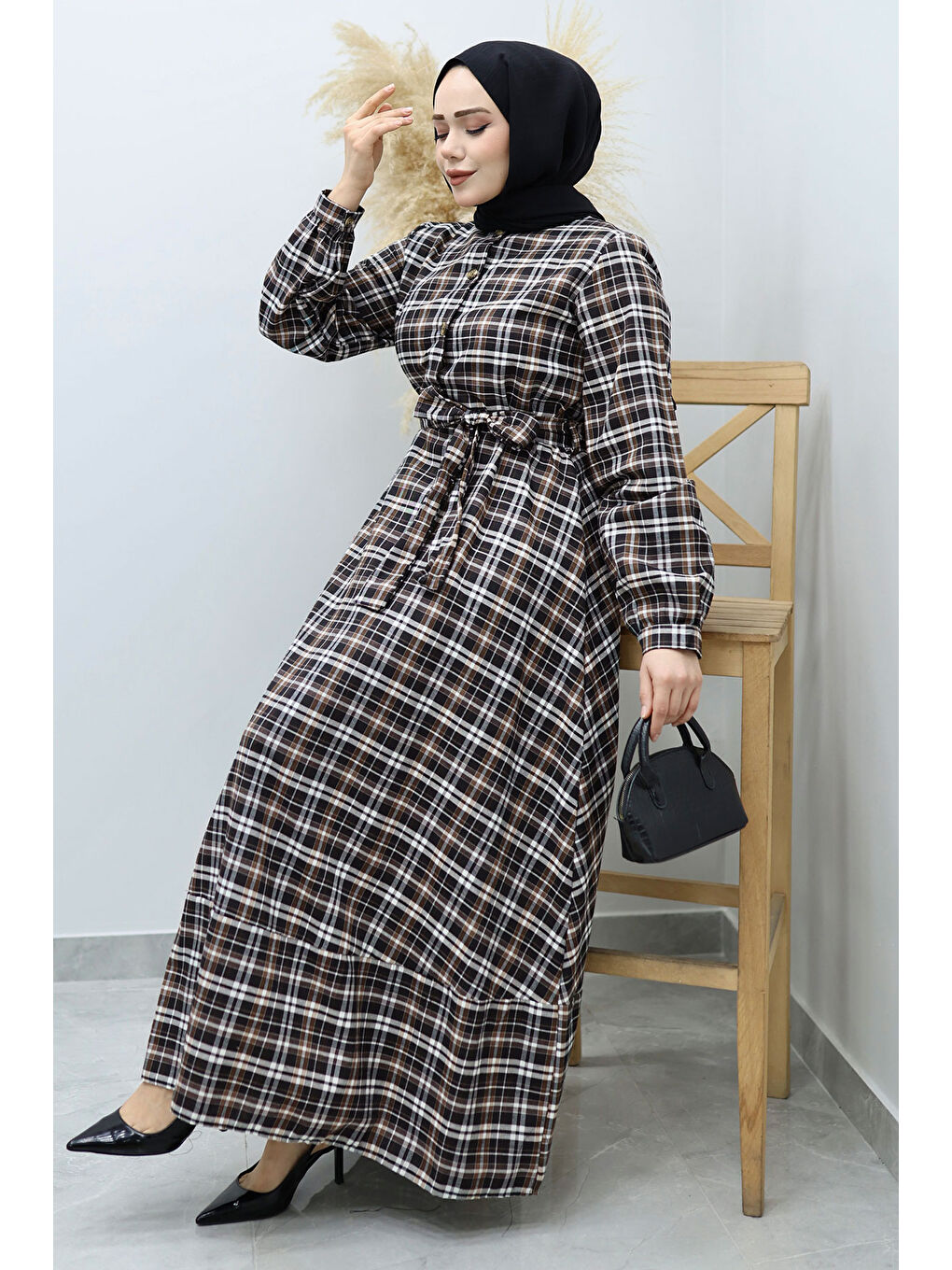 Önden Düğmeli Ekose Elbise TSD260131 Siyah-2