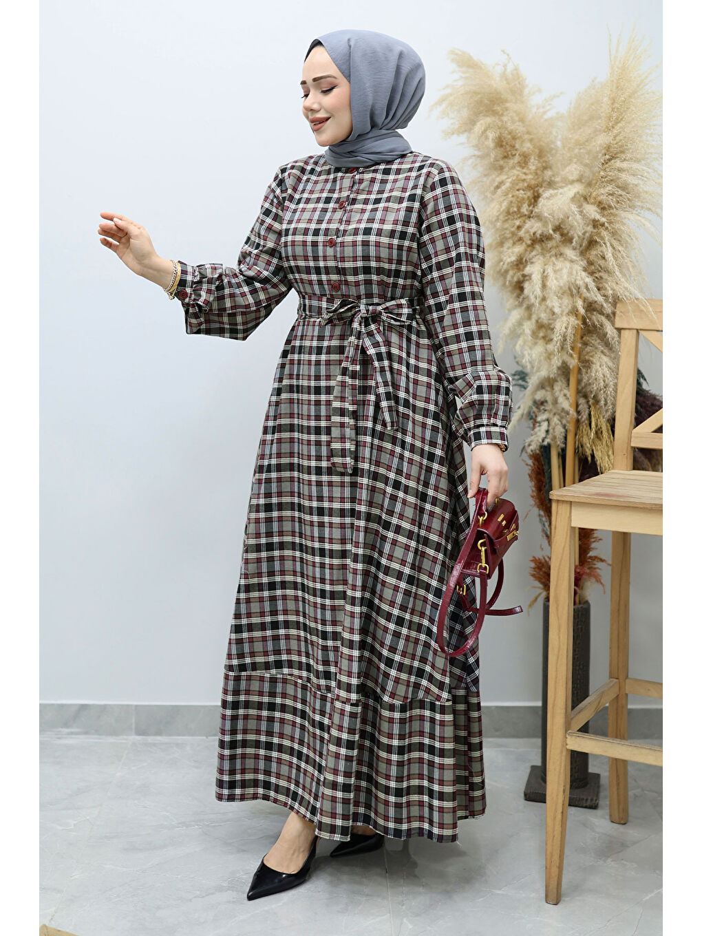 Önden Düğmeli Ekose Elbise TSD260131 Gri