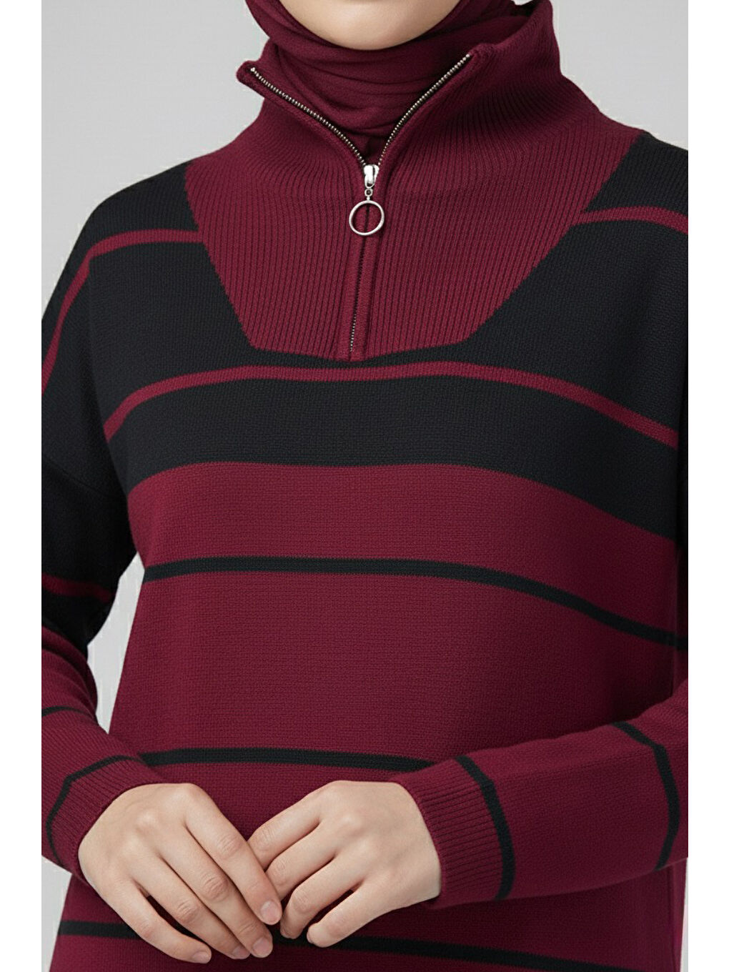 Çizgili Fermuarlı Triko Takım Bordo - 27997-BORDO-1