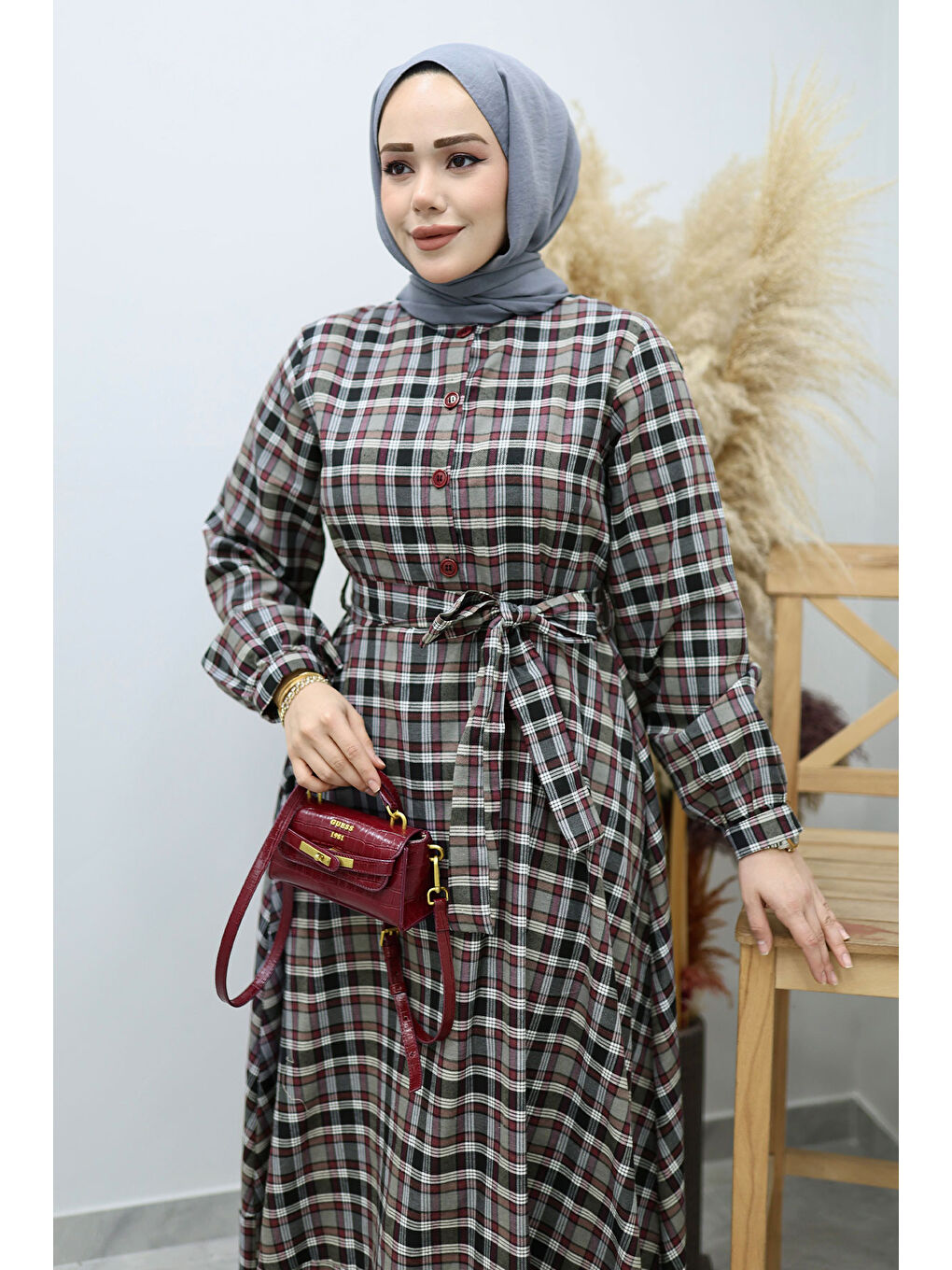 Önden Düğmeli Ekose Elbise TSD260131 Gri-1