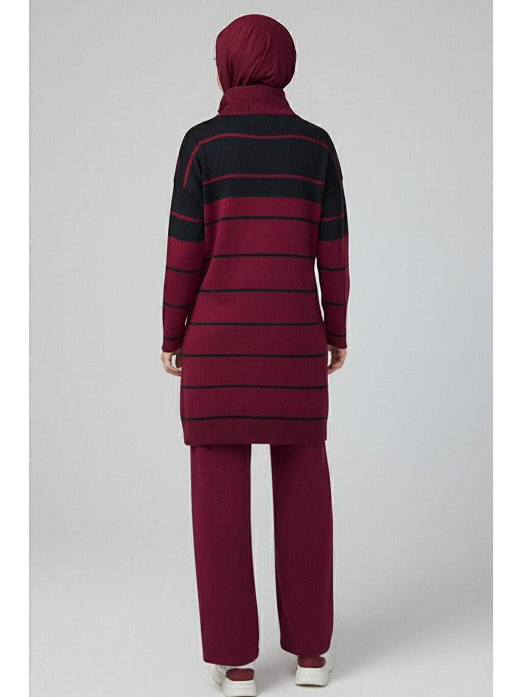 Çizgili Fermuarlı Triko Takım Bordo - 27997-BORDO-2