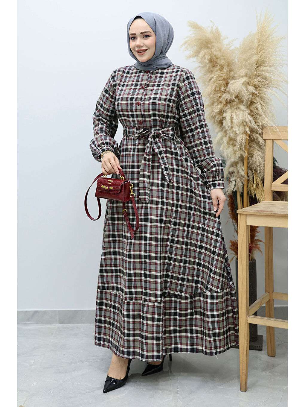 Önden Düğmeli Ekose Elbise TSD260131 Gri-2