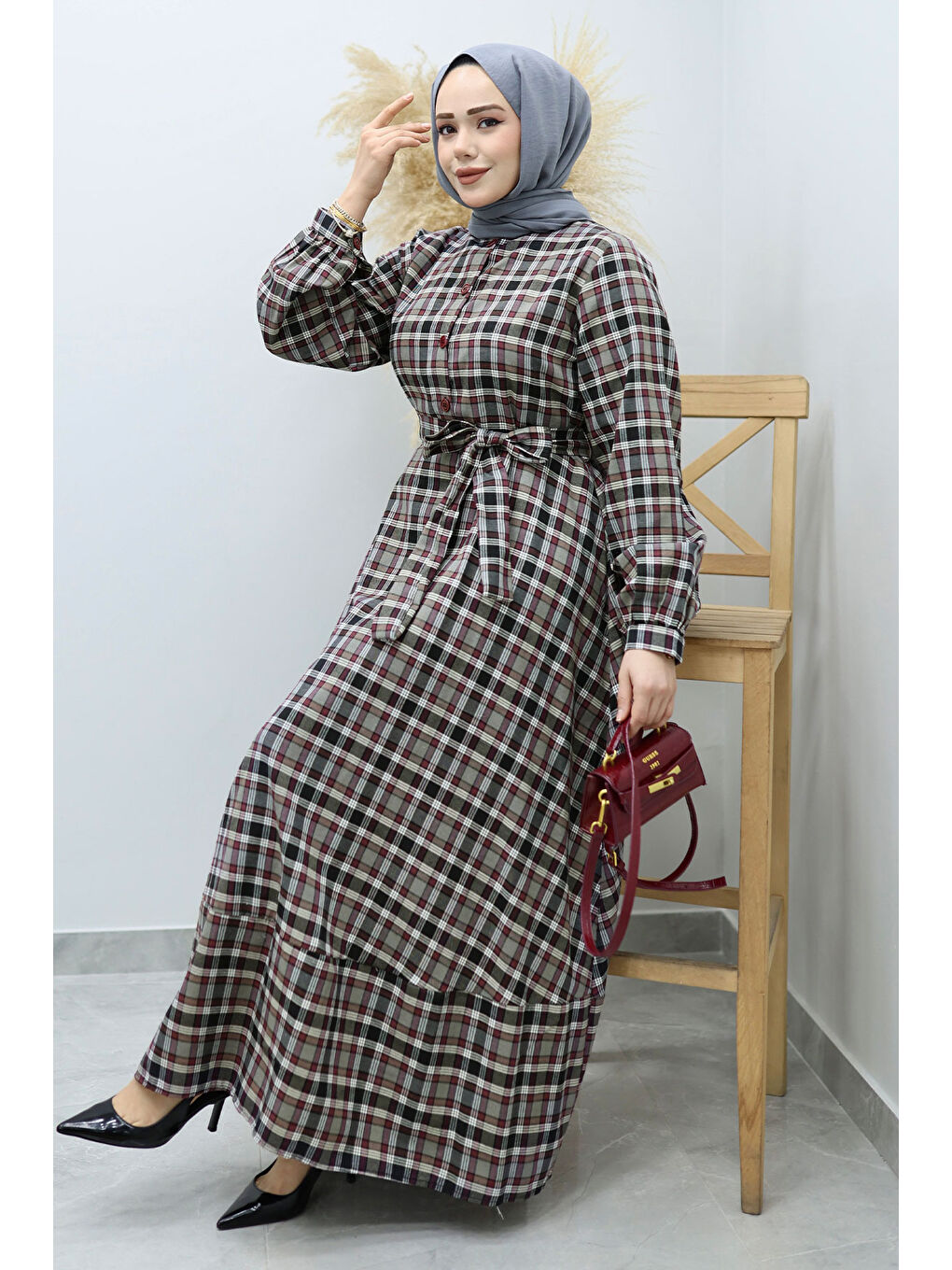 Önden Düğmeli Ekose Elbise TSD260131 Gri-4