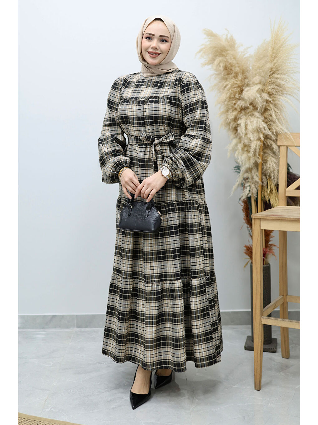 Kahverengi Robalı Ekose Elbise TSD260134 Camel-2