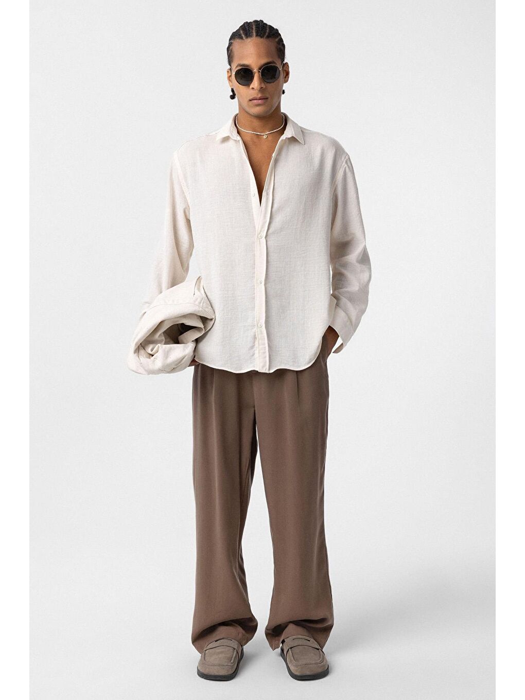 Bej Basic Oversize Uzun Kol Keten Görünümlü Gömlek Naturel