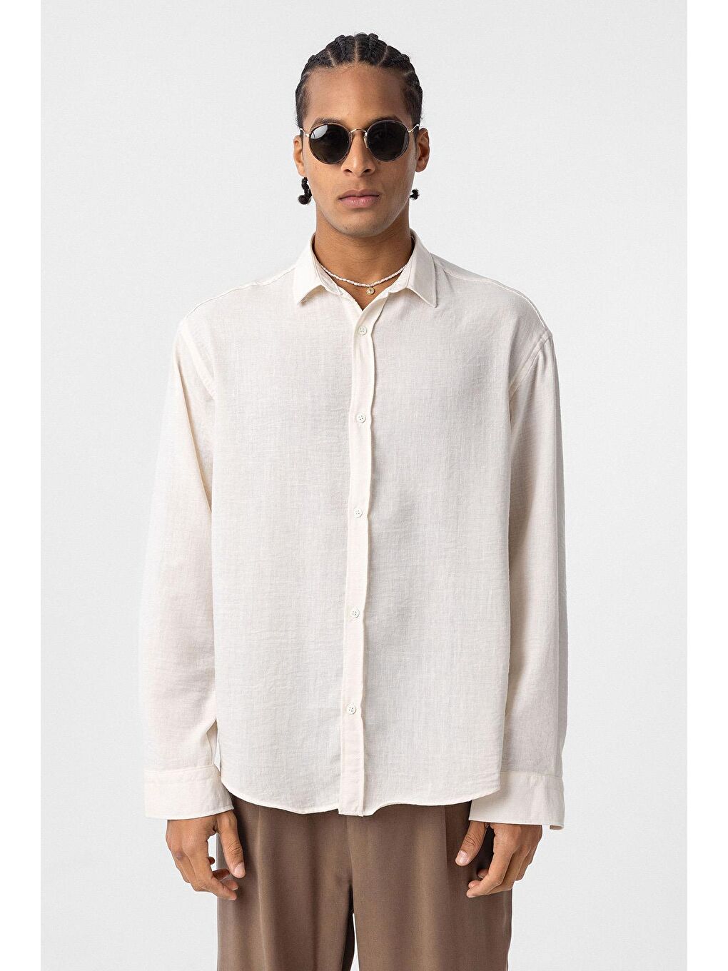 Bej Basic Oversize Uzun Kol Keten Görünümlü Gömlek Naturel-1