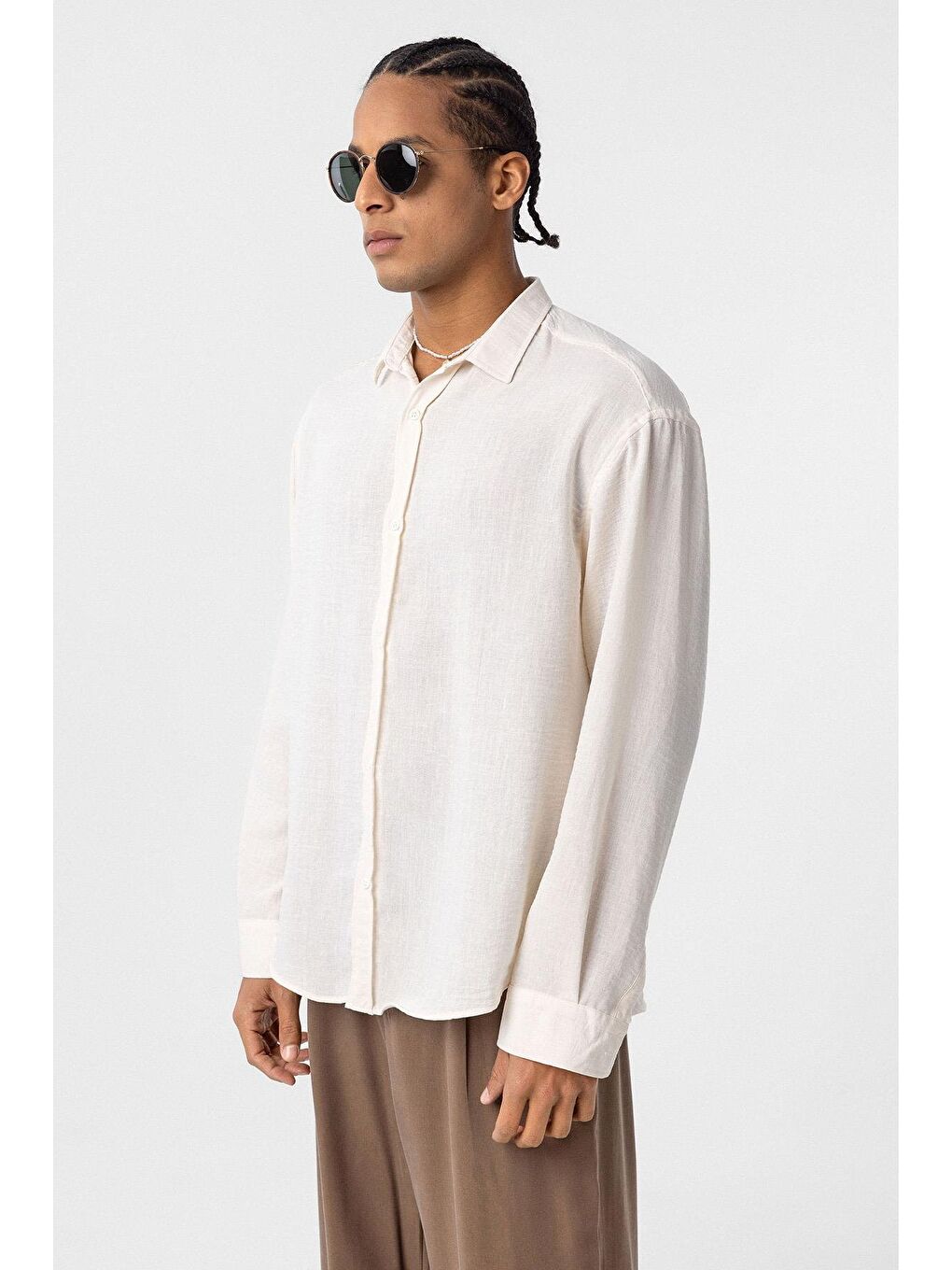Bej Basic Oversize Uzun Kol Keten Görünümlü Gömlek Naturel-2