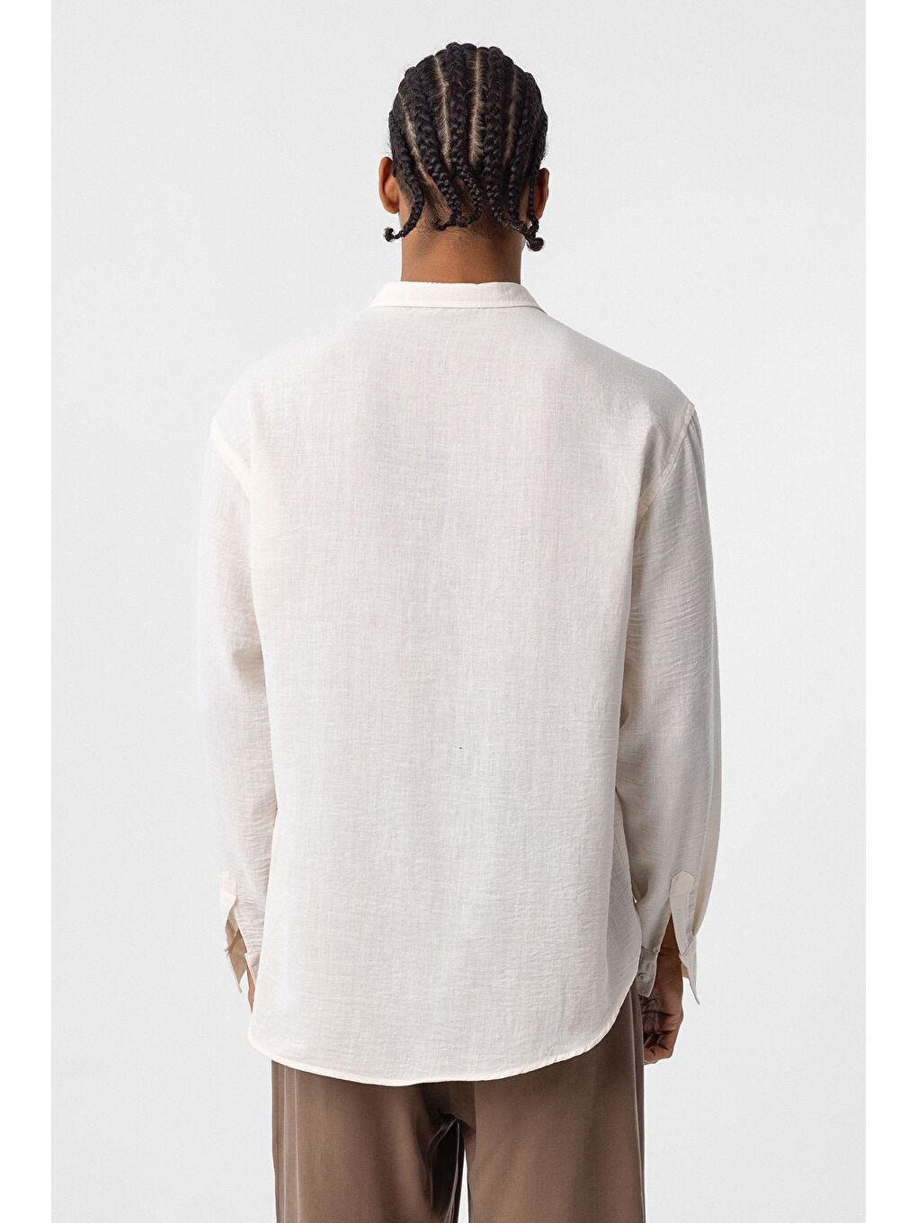 Bej Basic Oversize Uzun Kol Keten Görünümlü Gömlek Naturel-5