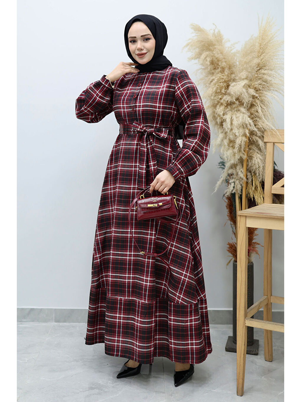 Önden Düğmeli Ekose Elbise TSD260131 Bordo