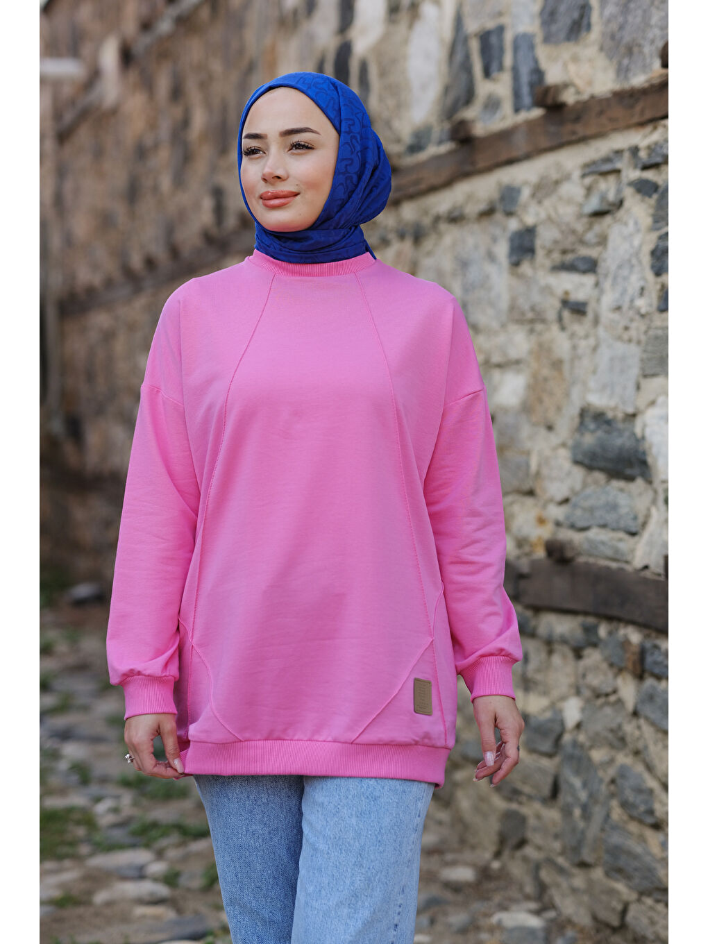 Locco Moda Pembe Çizgili Arma Detay Tunik Pembe