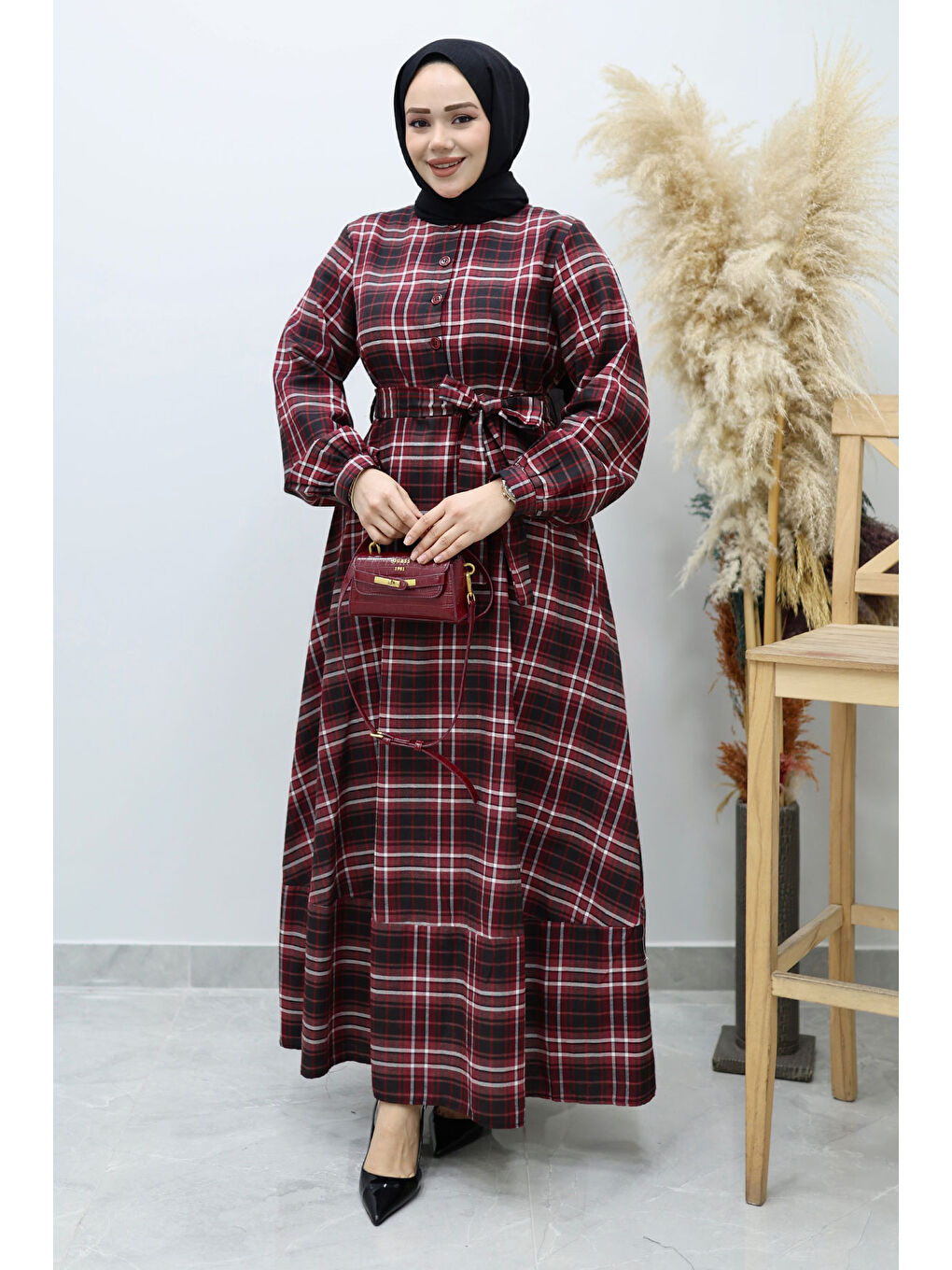 Önden Düğmeli Ekose Elbise TSD260131 Bordo-2