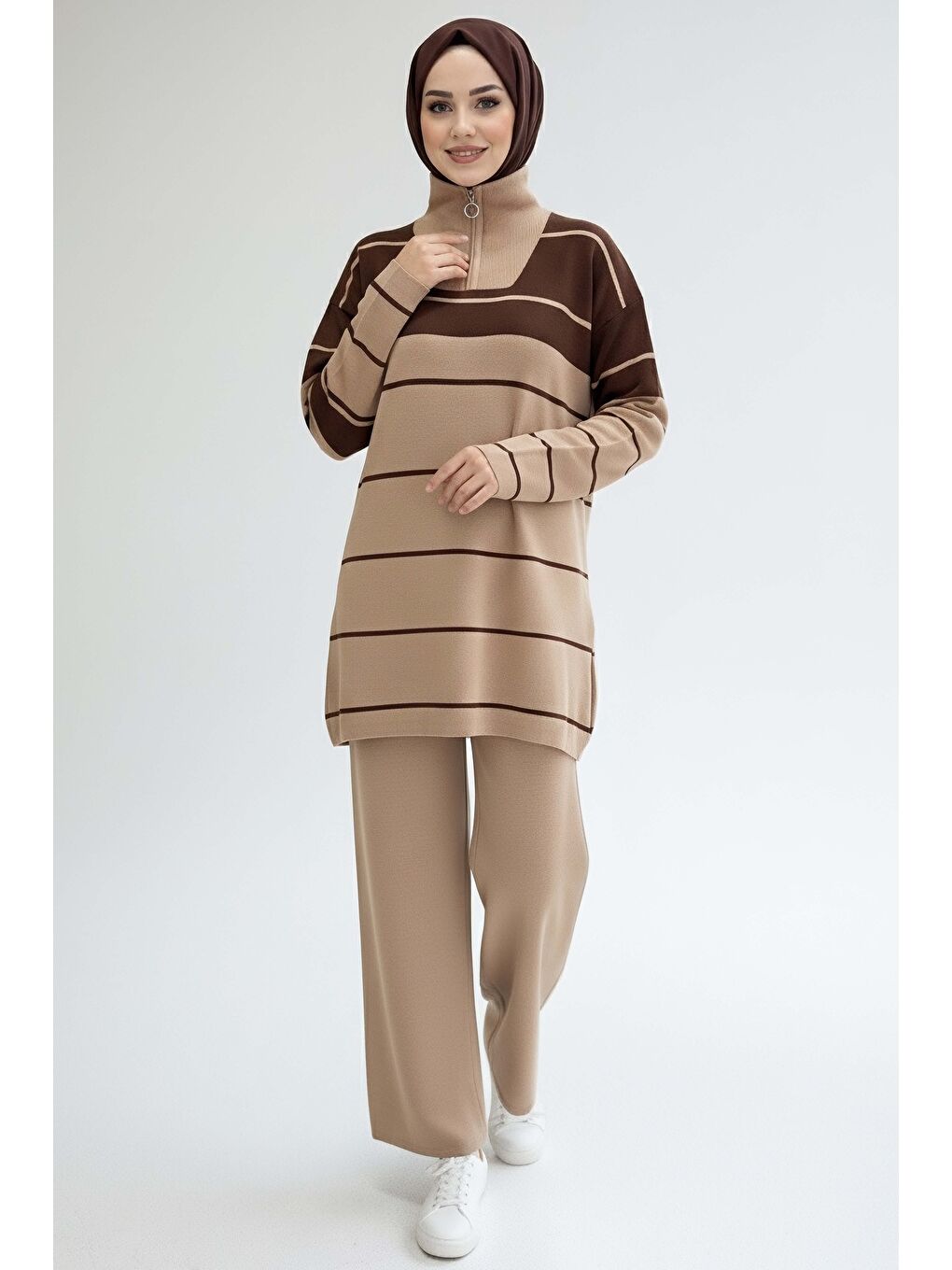 Bej Çizgili Fermuarlı Triko Takım Vizon - 27997-VIZON-2