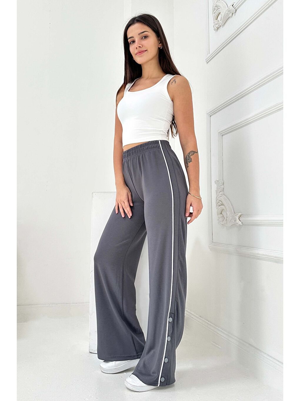 Gri Şetit Ve Çıtcıt Detaylı Modal Pantolon Füme - 27872-FUME