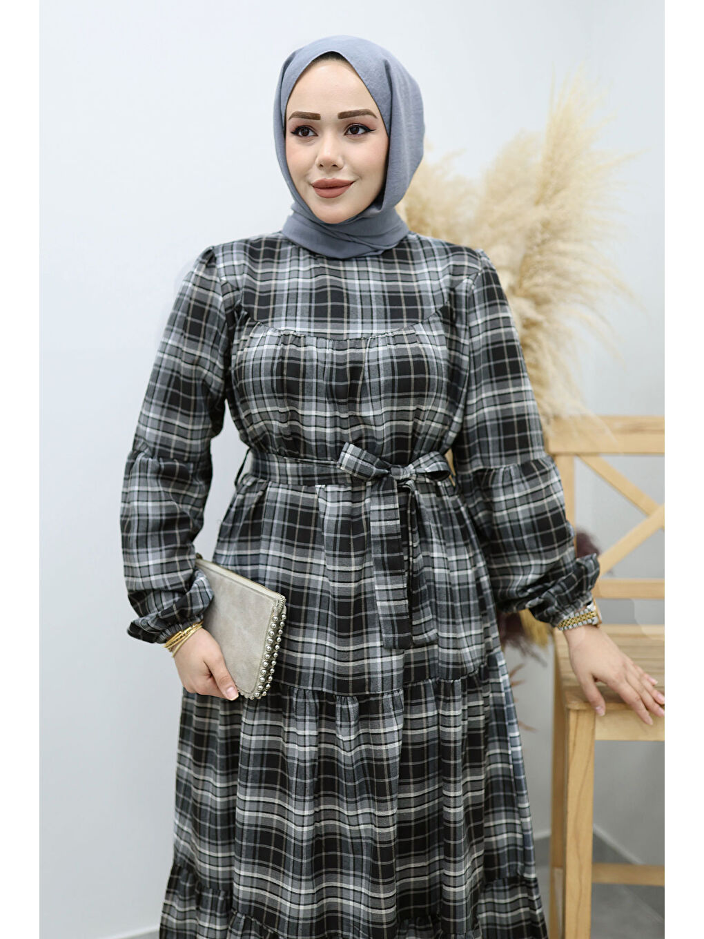 Gri Robalı Ekose Elbise TSD260134 Füme-1