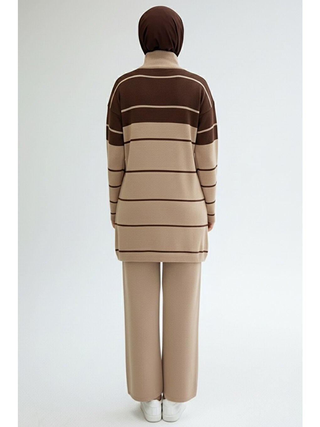 Bej Çizgili Fermuarlı Triko Takım Vizon - 27997-VIZON-3