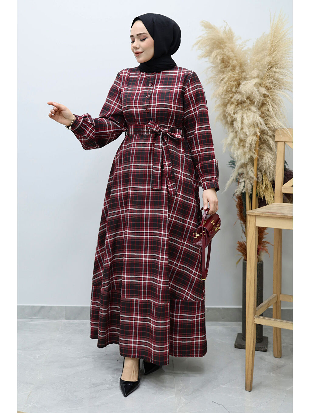 Önden Düğmeli Ekose Elbise TSD260131 Bordo-4