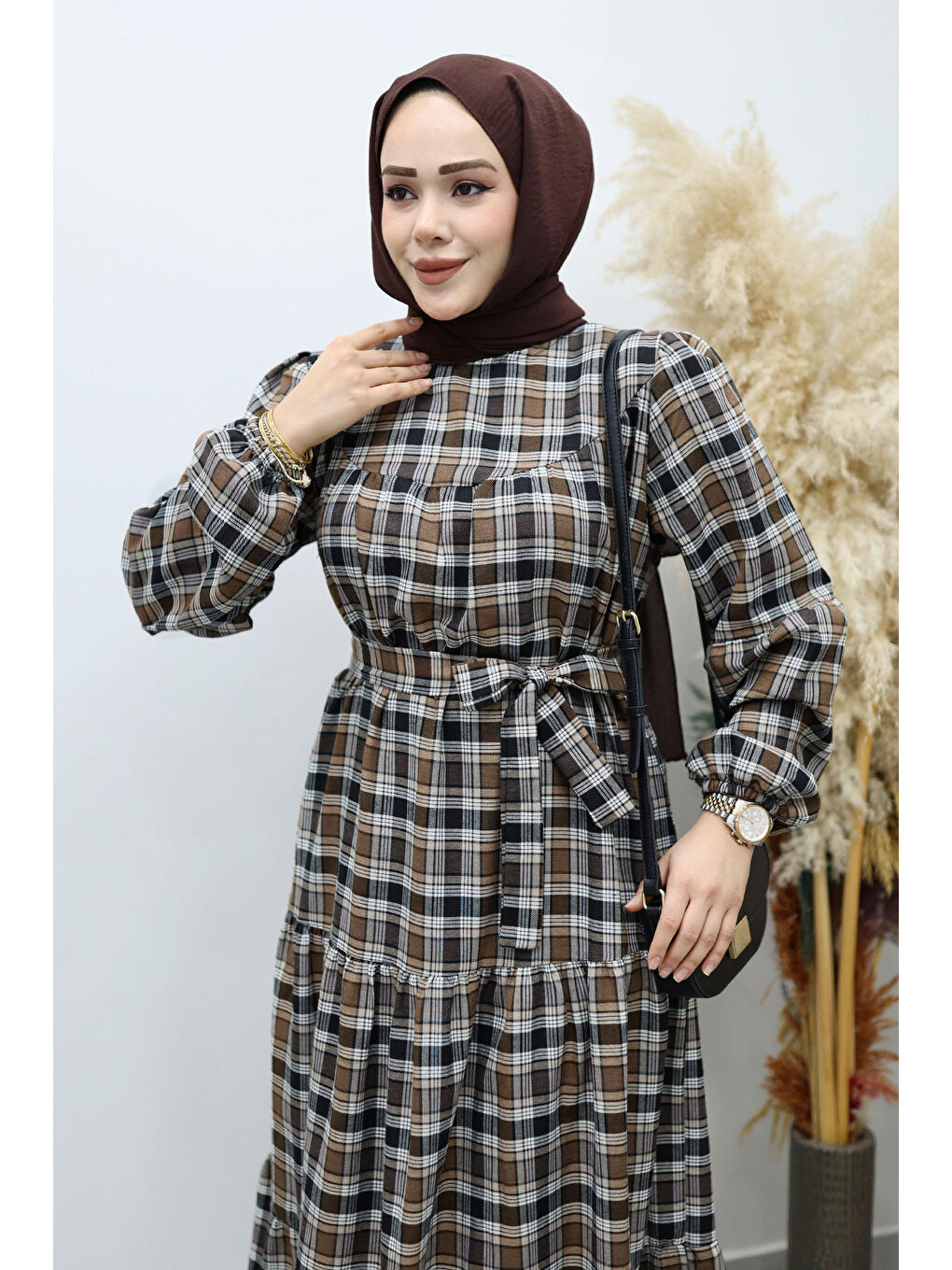 Robalı Ekose Elbise TSD260134 Kahverengi-1