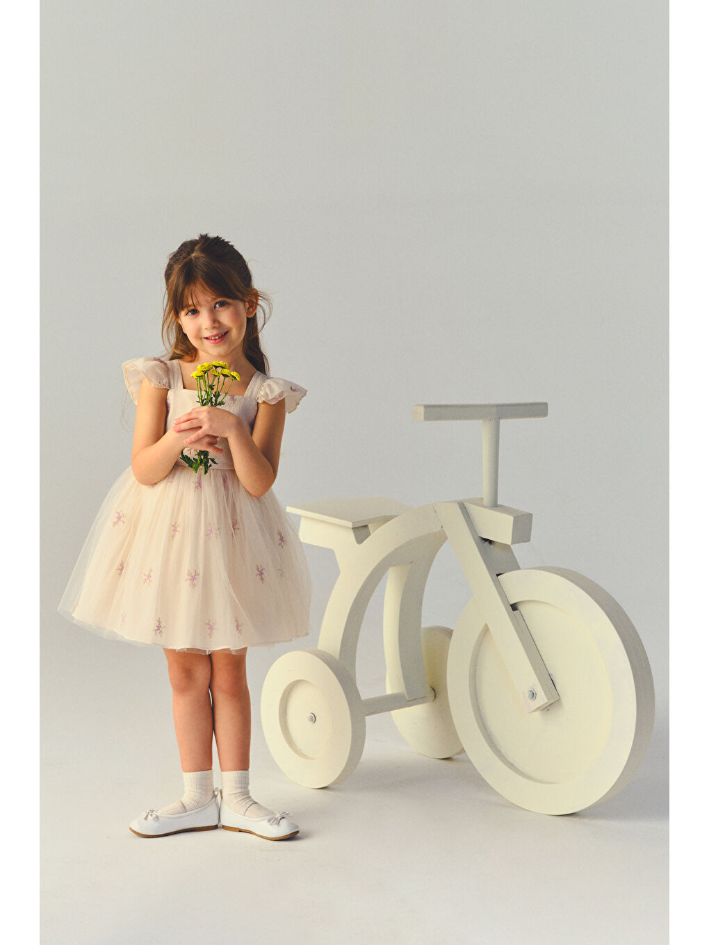 Kız Bebek Çiçek Desenli Tül Bej Abiye Elbise-1