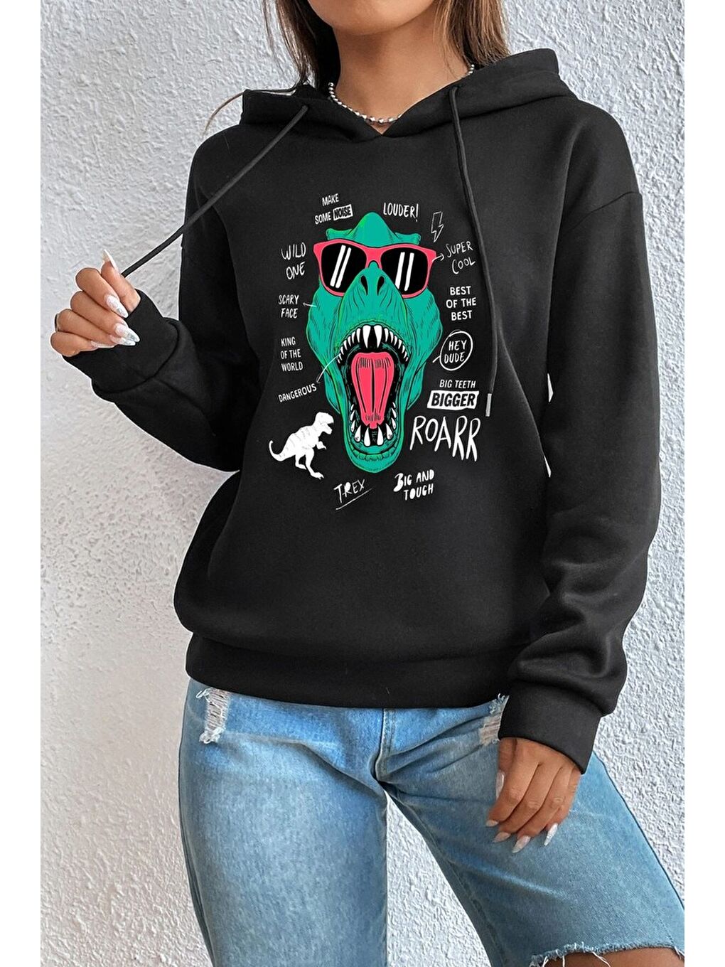 uyguntarz Siyah Unisex T - Rex Baskılı Sweatshirt - 1