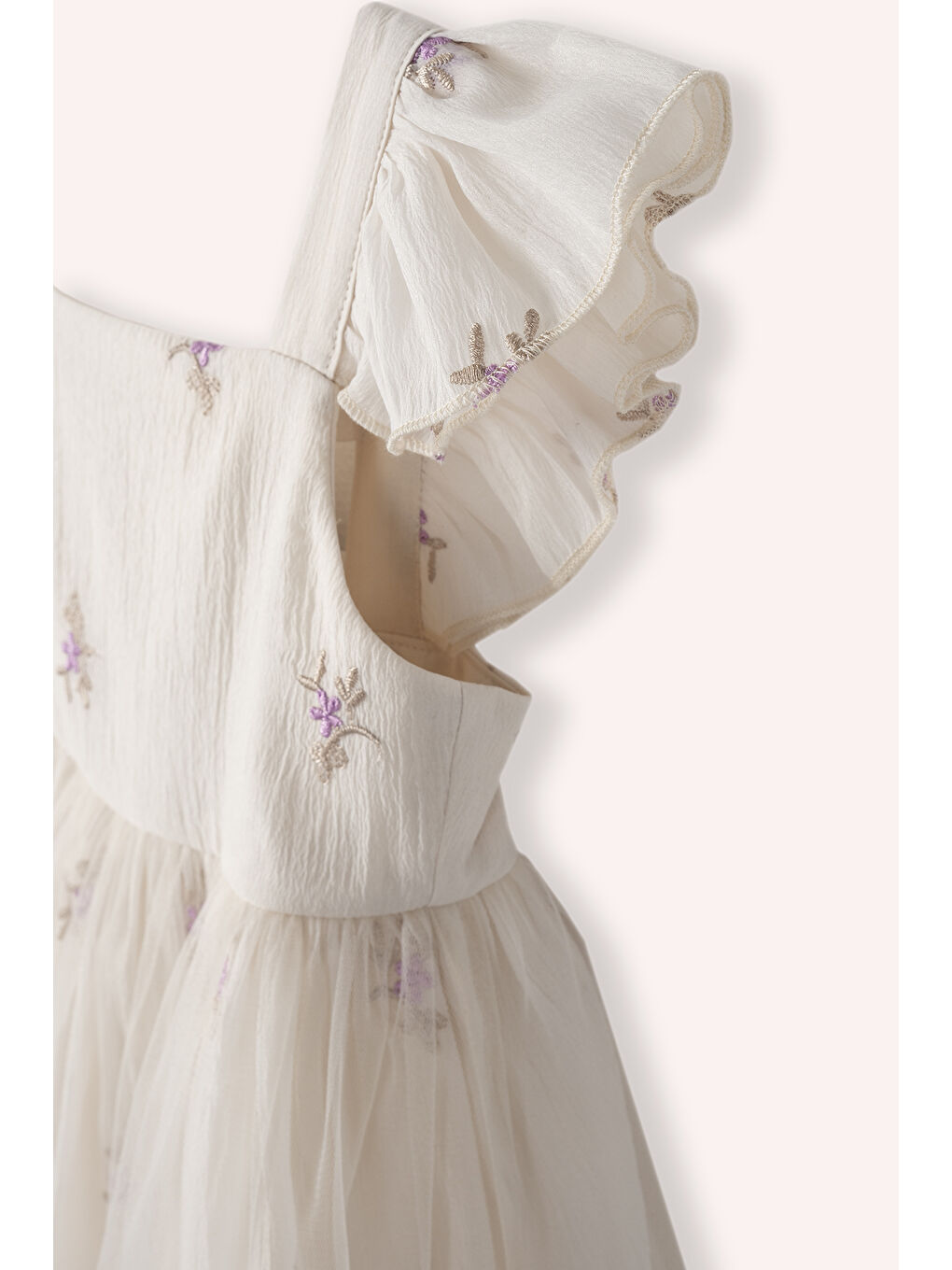 Kız Bebek Çiçek Desenli Tül Bej Abiye Elbise-3