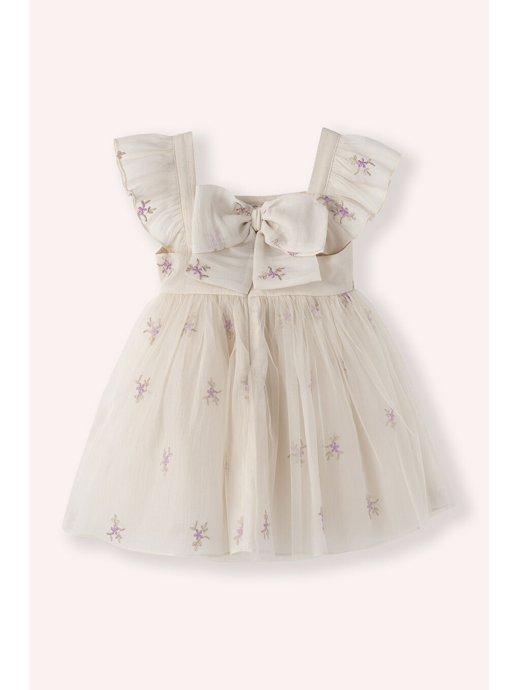 Kız Bebek Çiçek Desenli Tül Bej Abiye Elbise-4