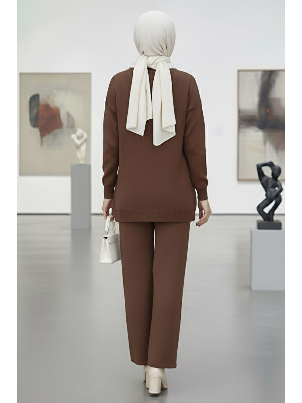 Kahverengi Çiçek Nakışlı İkili Triko Takım Kahve - 27998-KAHVE-3