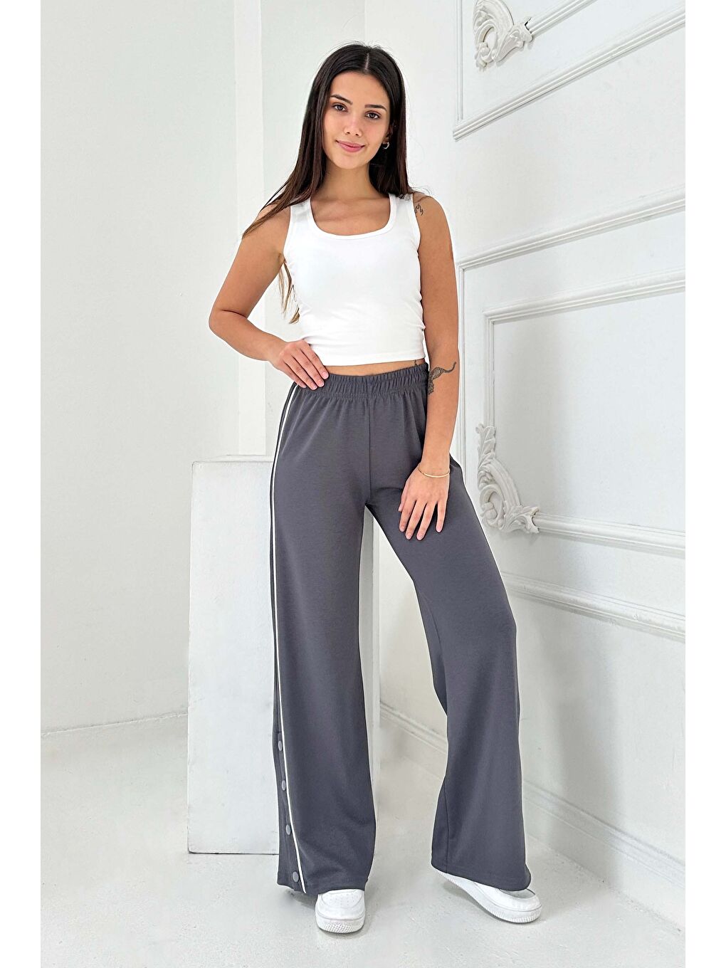 Gri Şetit Ve Çıtcıt Detaylı Modal Pantolon Füme - 27872-FUME-3