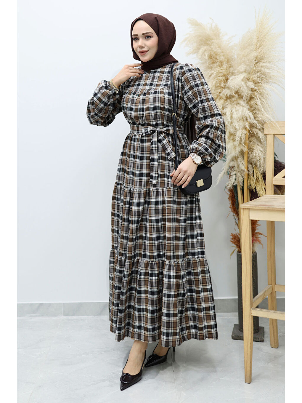 Robalı Ekose Elbise TSD260134 Kahverengi-4