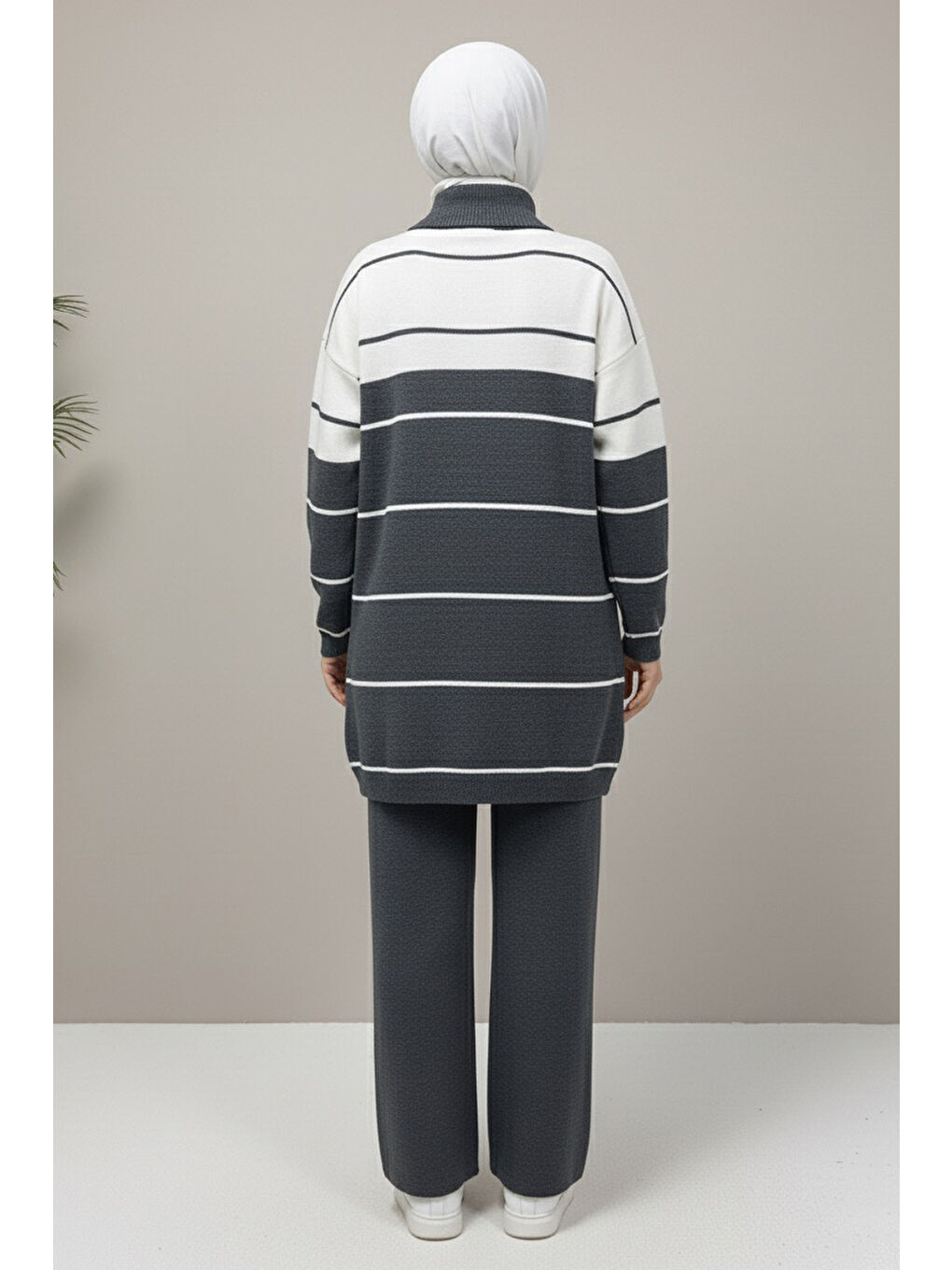 Çizgili Fermuarlı Triko Takım Antrasit - 27997-ANTRASIT-1
