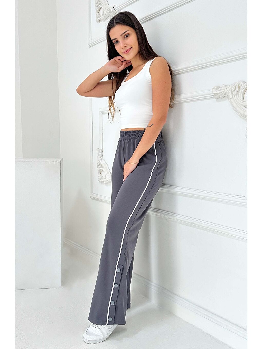 Gri Şetit Ve Çıtcıt Detaylı Modal Pantolon Füme - 27872-FUME-4