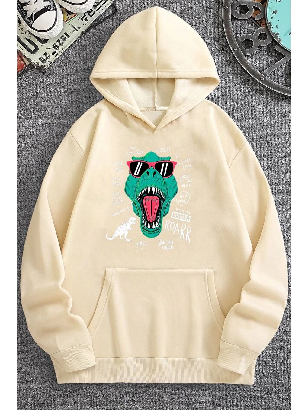 uyguntarz Bej Unisex T - Rex Baskılı Sweatshirt