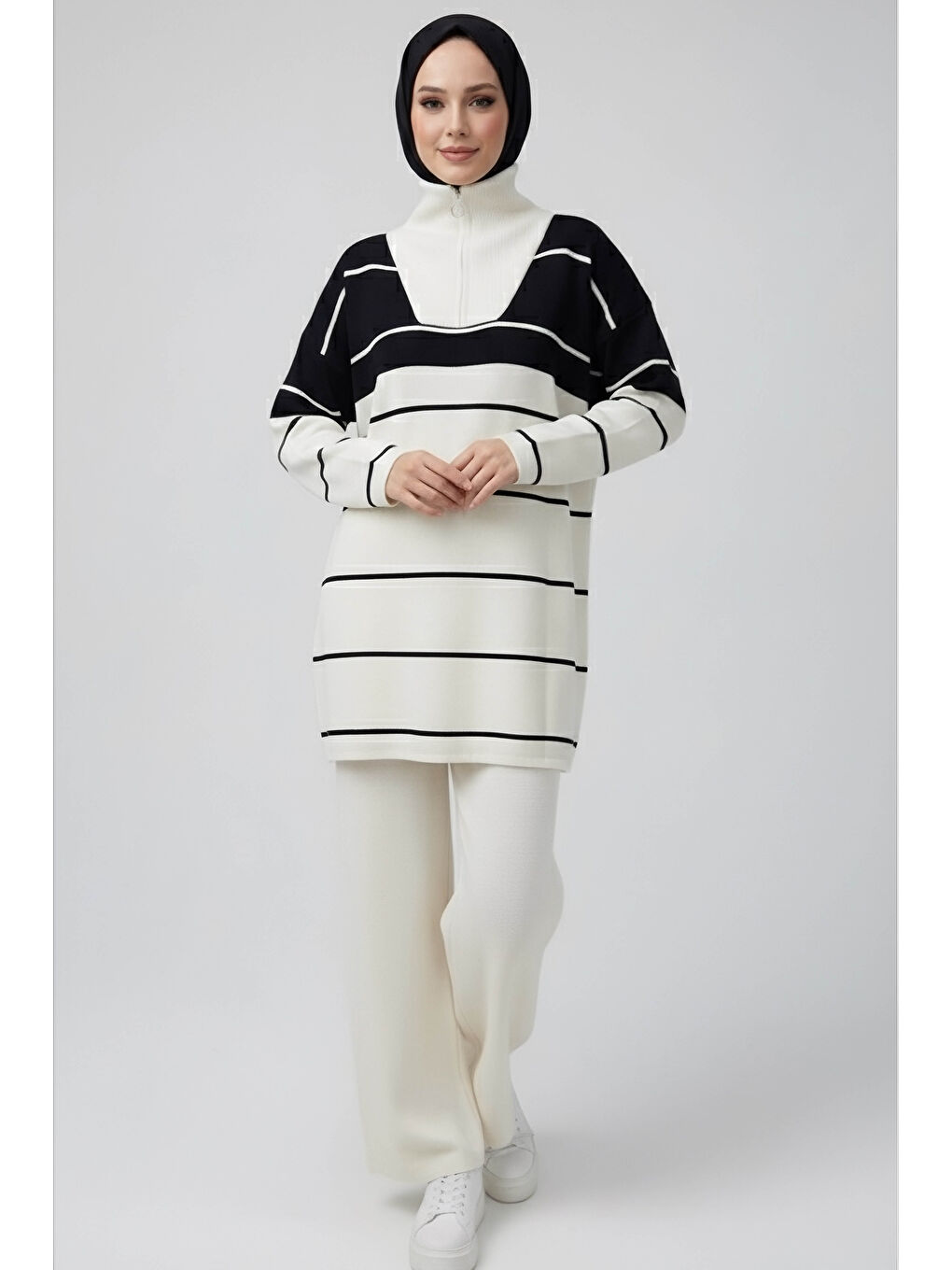 Çizgili Fermuarlı Triko Takım Ekru - 27997-EKRU