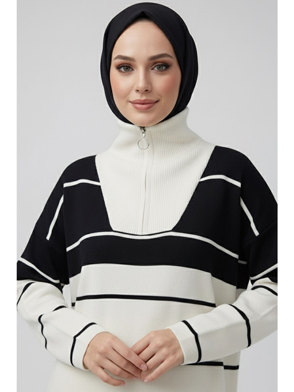 Çizgili Fermuarlı Triko Takım Ekru - 27997-EKRU-1