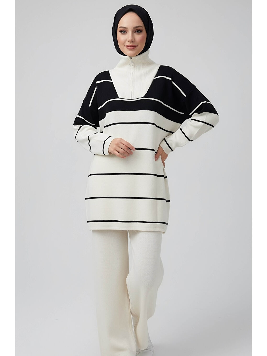 Çizgili Fermuarlı Triko Takım Ekru - 27997-EKRU-2