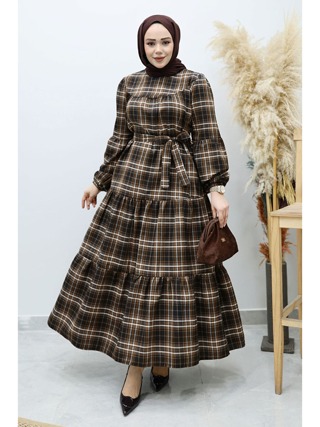 Kahverengi Robalı Ekose Elbise TSD260134 Taba-2