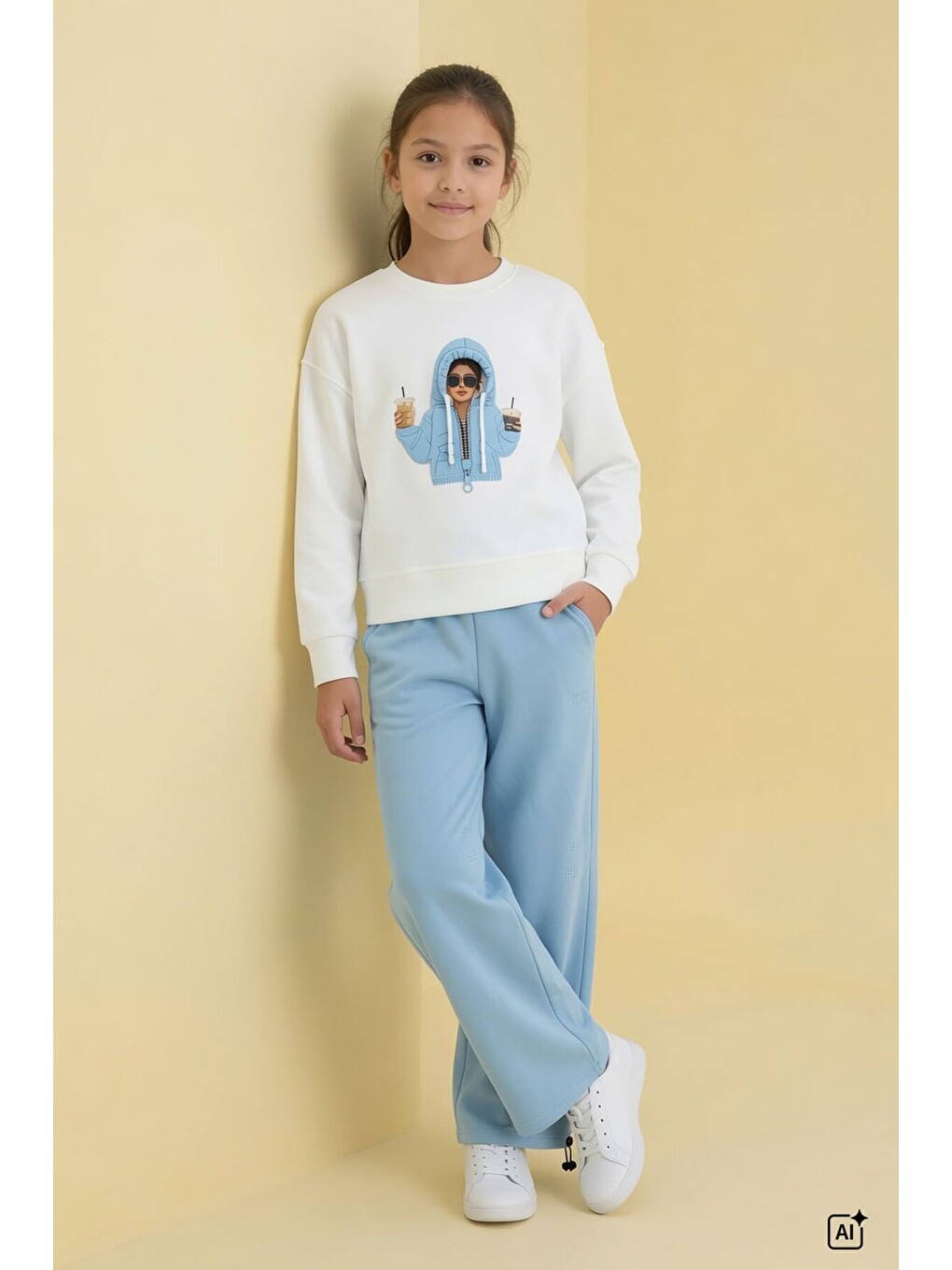Mavi Kız Çocuk Hoodie Detaylı Sweatshirt Geniş Paça Eşofman Takımı 24780-1