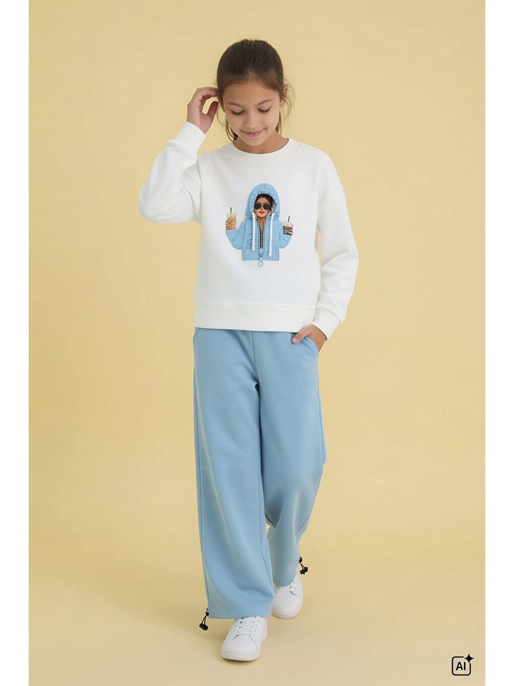 Mavi Kız Çocuk Hoodie Detaylı Sweatshirt Geniş Paça Eşofman Takımı 24780-2
