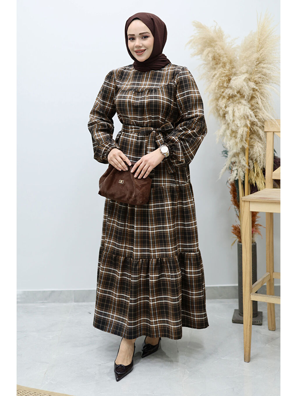 Kahverengi Robalı Ekose Elbise TSD260134 Taba-4