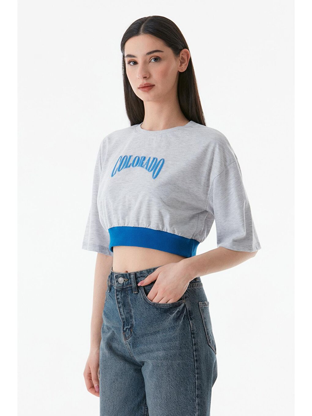 Gri Baskılı Ribana Crop Tişört-1