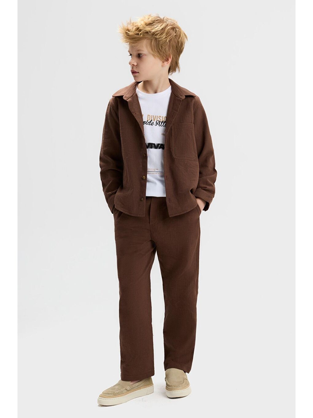 Karışık Erkek Çocuk Pamuklu Kahverengi Ceket Pantolon Ve T-Shirt 3'Lü Takım - Modern Stil