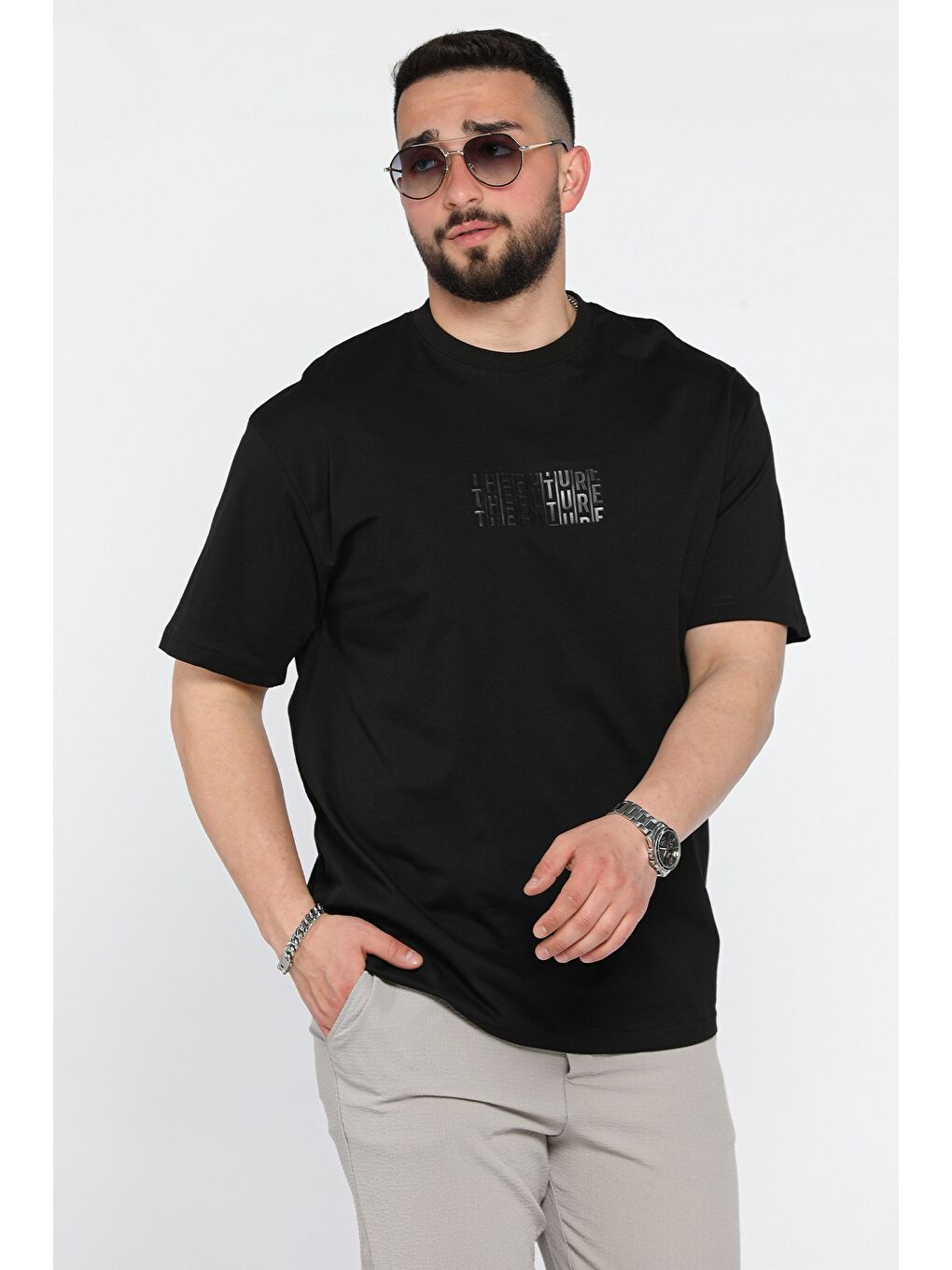 Siyah Erkek Silikon Yazı Baskılı Bisiklet Yaka Tişört