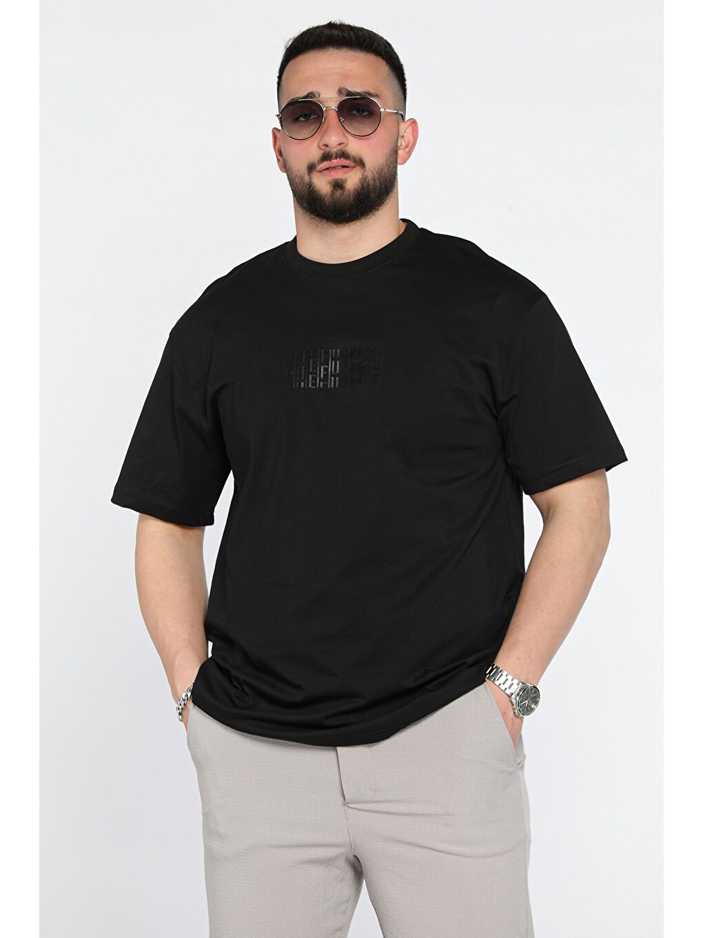 Siyah Erkek Silikon Yazı Baskılı Bisiklet Yaka Tişört-1