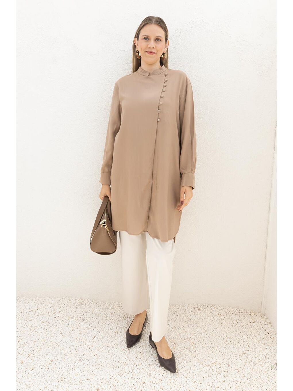 Bej Vizon-Yarım Patlı Yırtmaçlı Keten Tunik-1