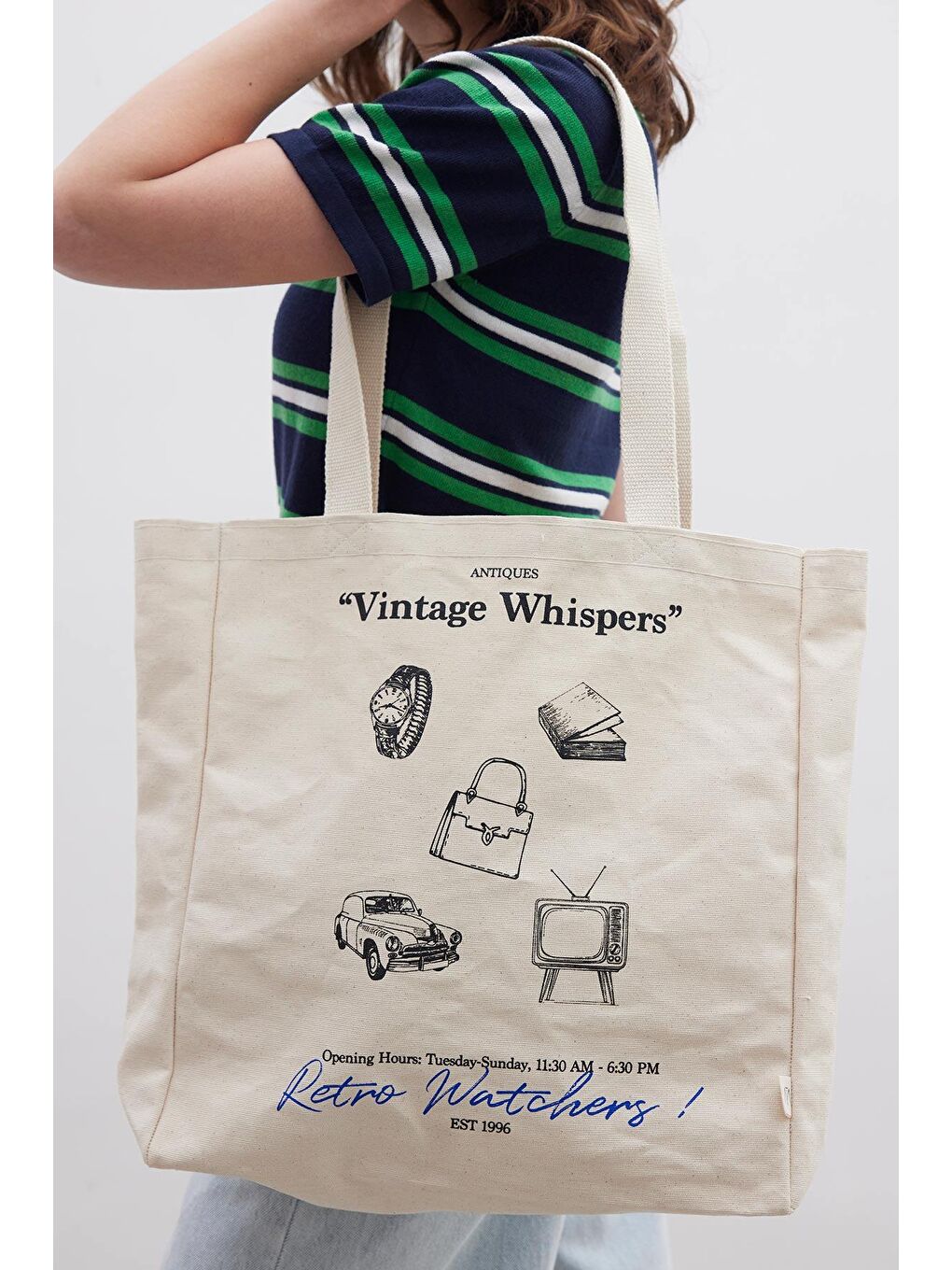 Bej Baskılı Körüklü Bez Çanta Vıntage-1